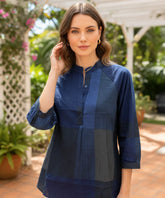 Comprar blusa feminina xadrez algodão gola padre manga 3/4 solta confortável casual barato ou em promoção
